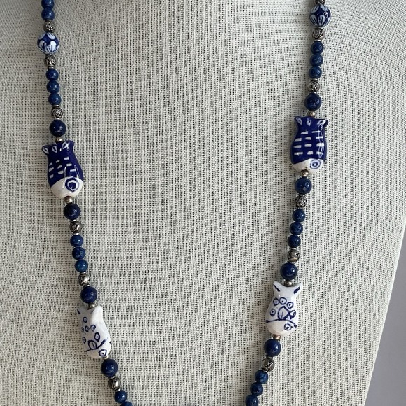 Vintage Blue White Ceramic Fish Bead Necklace 28" Hand Painted Porcelain Ocean - Picture 4 of 8